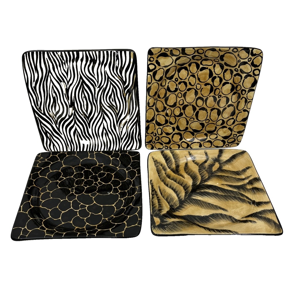 Laurie Gates Square Animal Print Plates 10.5" SET OF 4 Zebra Cheetah Giraffe Lio